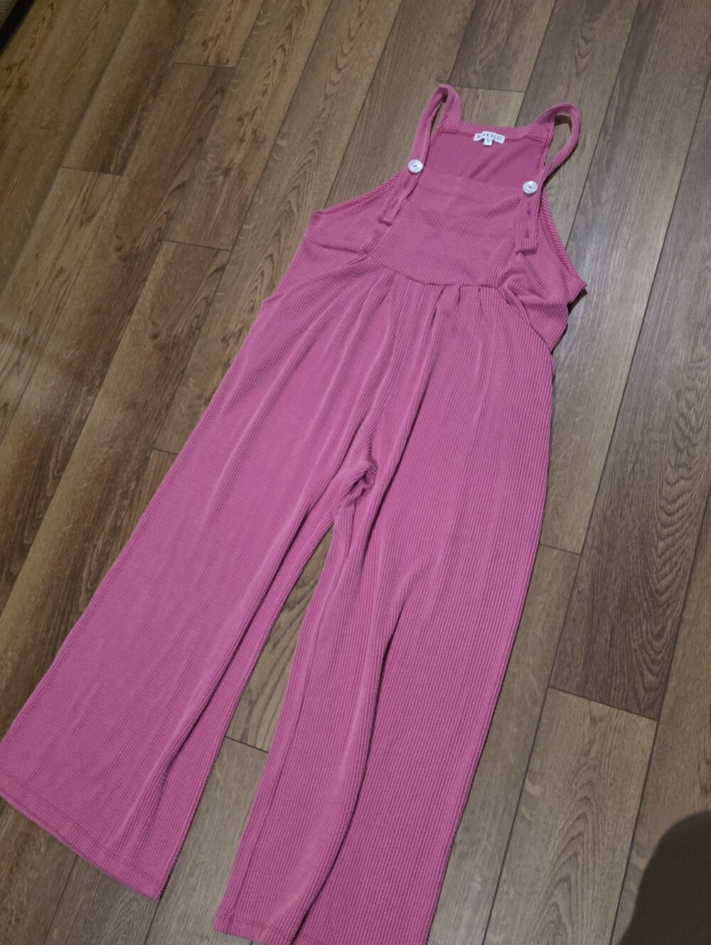 Ribbed Pink Wide-Leg Overall Jumpsuit with Button Straps